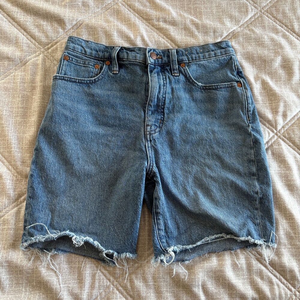 Madewell: High-Rise Denim Mid-Length Shorts Raw Hem Blue Size 28